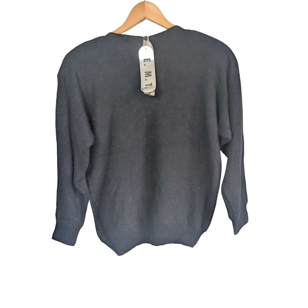 Vintage EMT Black Silk Angora Beaded Sequin Rose Sweater Womens L Holiday 90s - Picture 2 of 8